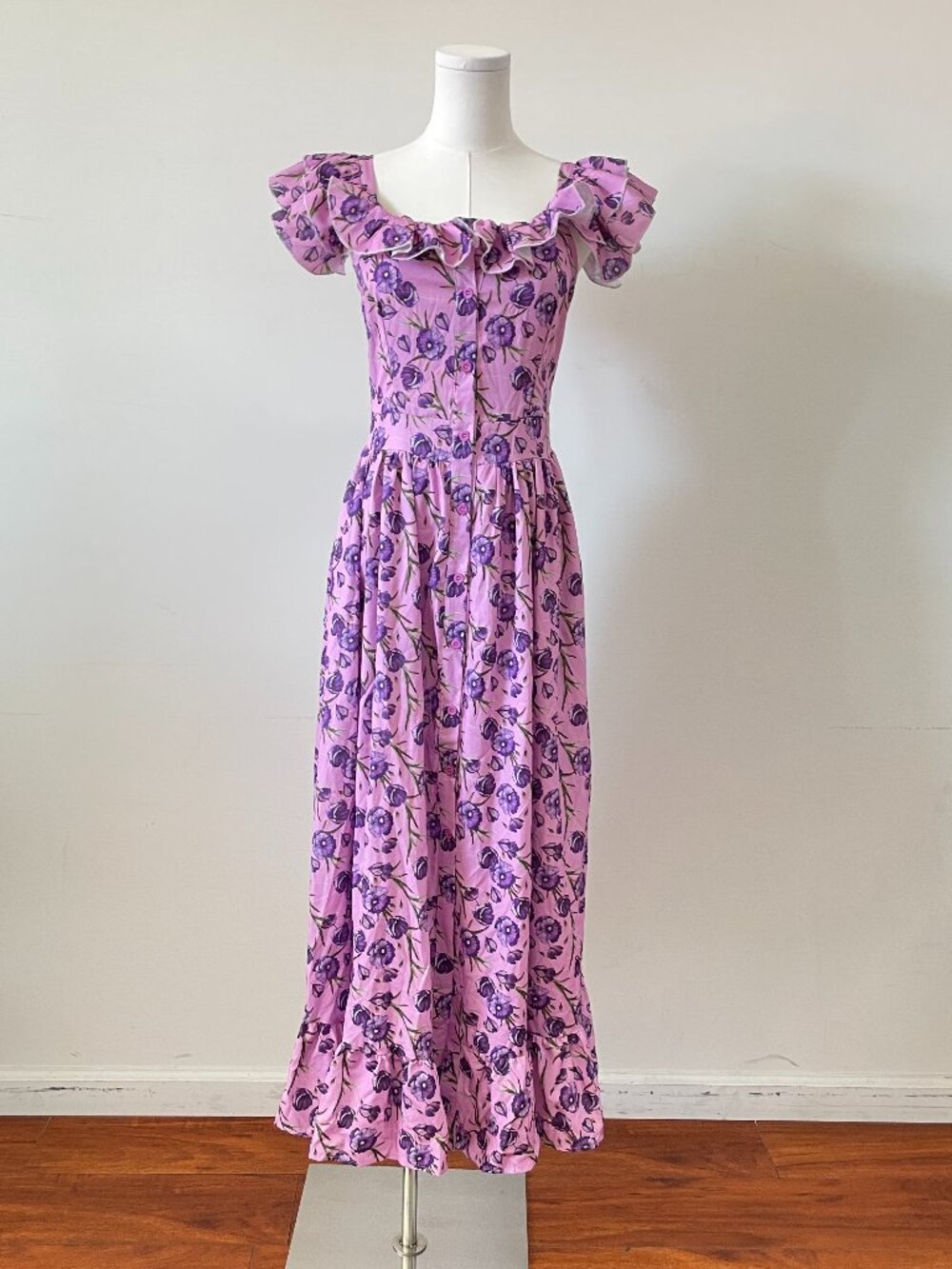 Women's Cute Summer Floral Purple Ruffle Button Up Off Shoulder Maxi Dress